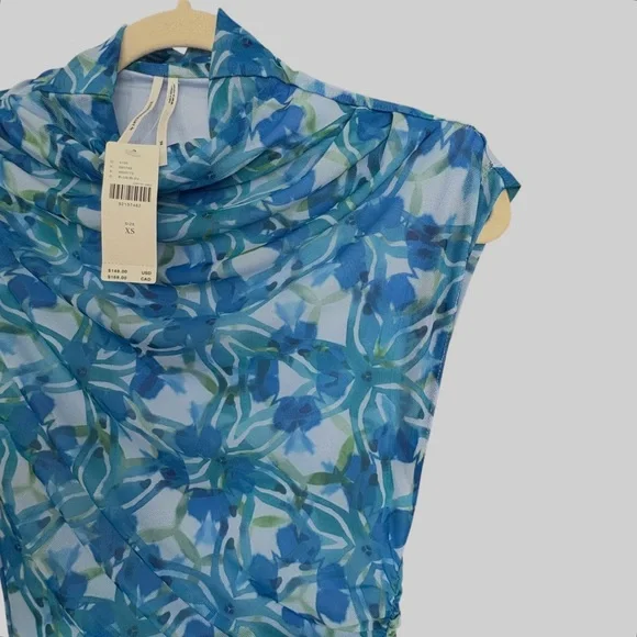 Anthropologie The Maya Ruched Cowl-Neck Dress Mesh Edition Blue Floral Dress - Picture 13 of 16
